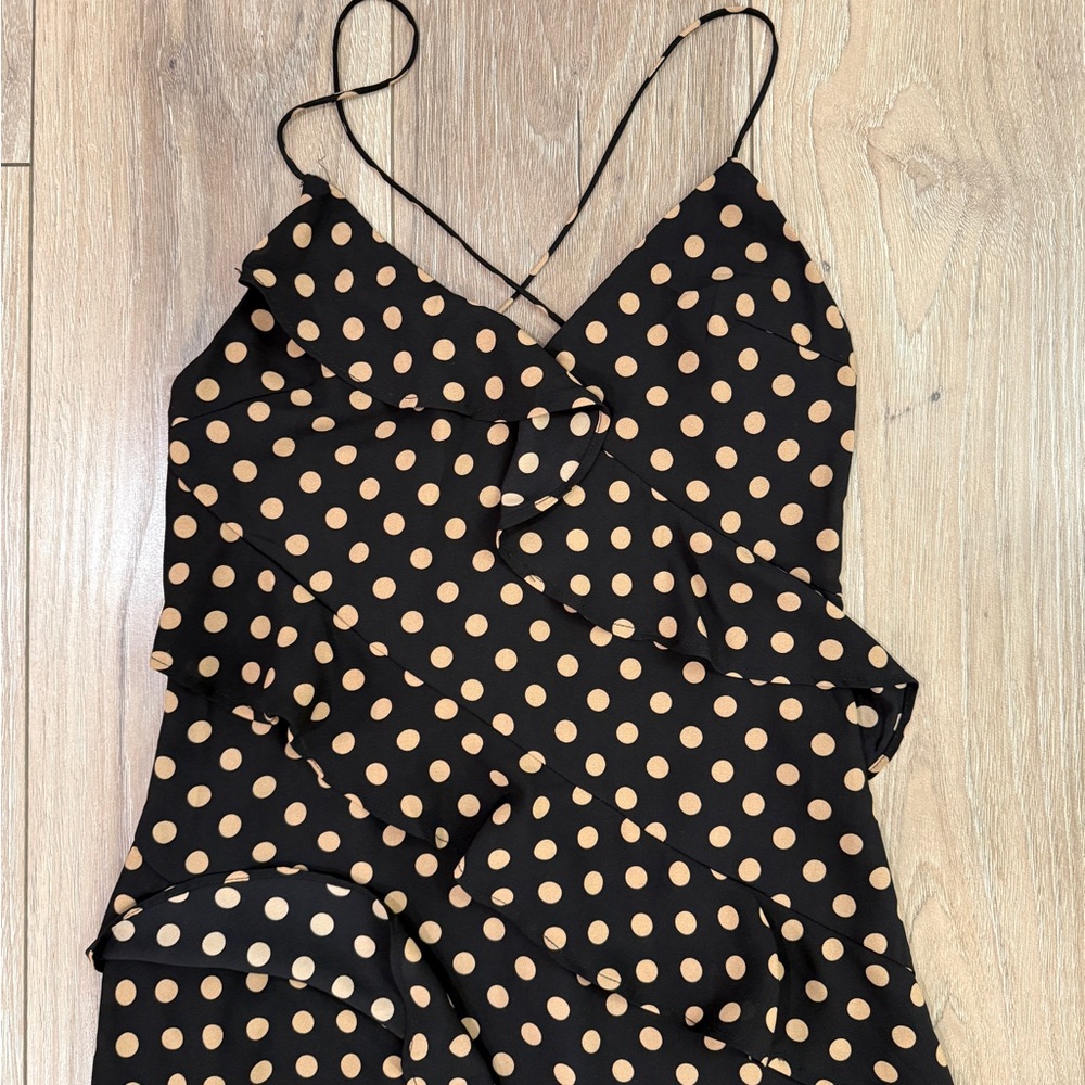 MINKPINK Ayat Cami Frill Slip Polka Dot Midi Dress in Mocha and Black Size Small - Picture 3 of 5